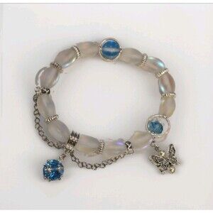 Moonstone Glass Bead Stretch Bracelet Blue Crystal Butterfly Charm Silver Tone